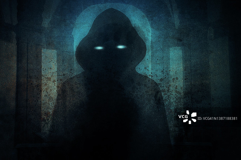 恐怖概念：教堂里发出诡异光芒的蒙面人图片素材