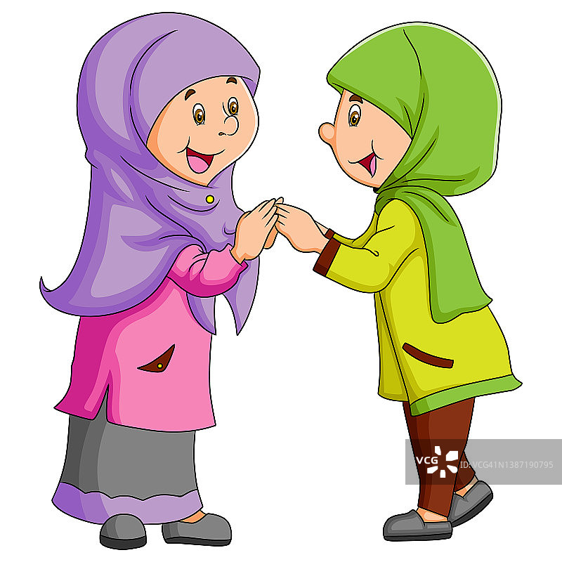 两个戴着头巾的女孩与好朋友见面图片素材