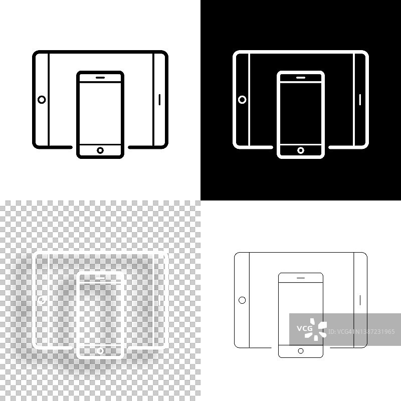平板电脑和智能手机。图标设计。空白，白色和黑色背景-线图标图片素材