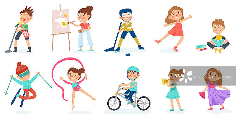 儿童创意和运动爱好：音乐家、舞蹈家、艺术家，阅读、绘画、运动和舞蹈爱好矢量插画合集，幼儿园儿童活动图片素材