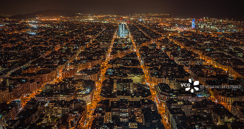 西班牙巴塞罗那圣家堂和城市景观鸟瞰图片素材
