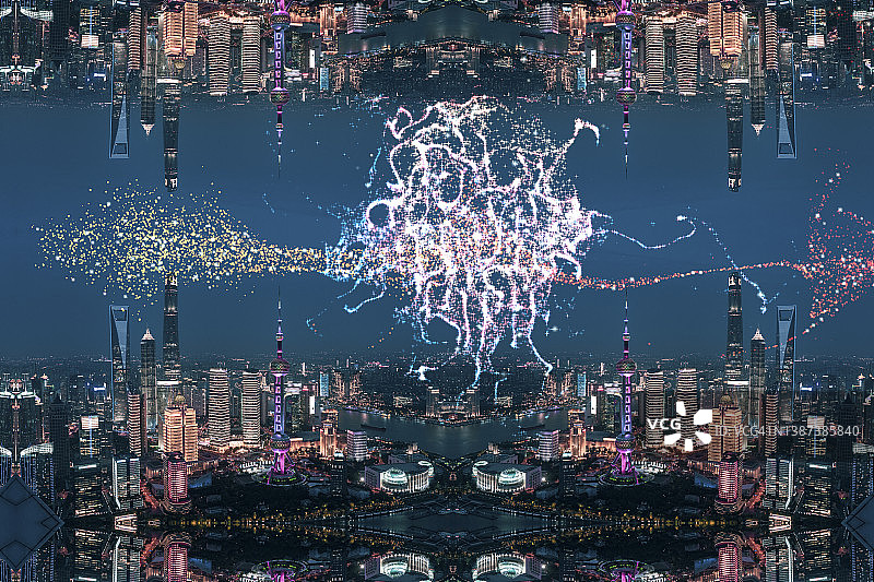 抽象都市概念：夜幕下的上海陆家嘴图片素材