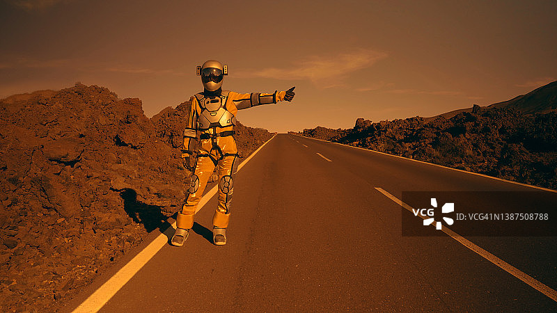 宇航员在火星上搭便车超现实场景图片素材