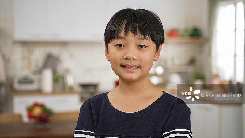 英俊的亚洲男孩在客厅里微笑的肖像图片素材