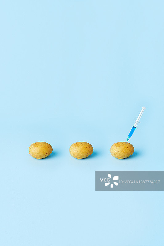 一排三个土豆，其中一个插着注射器图片素材