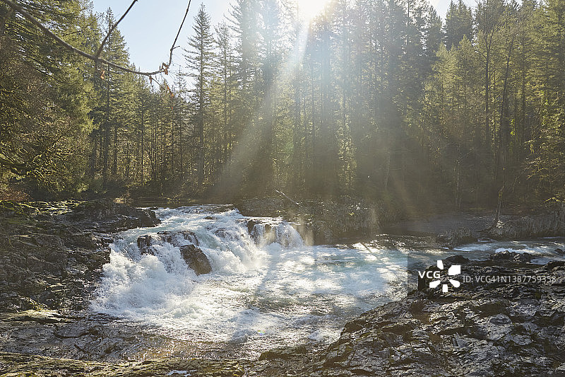 清晨逆光小瀑布广角图片素材