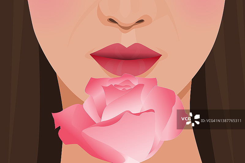 闻着粉红玫瑰的女人插画概念图片素材