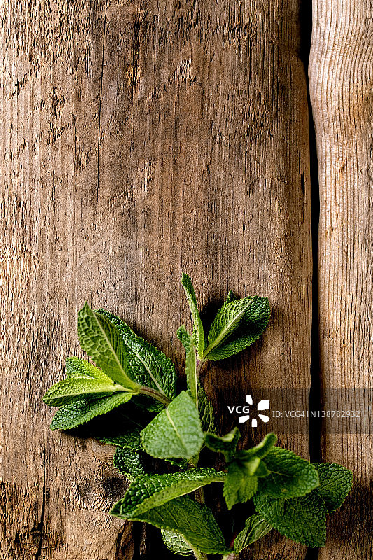 木板上的新鲜有机薄荷枝图片素材