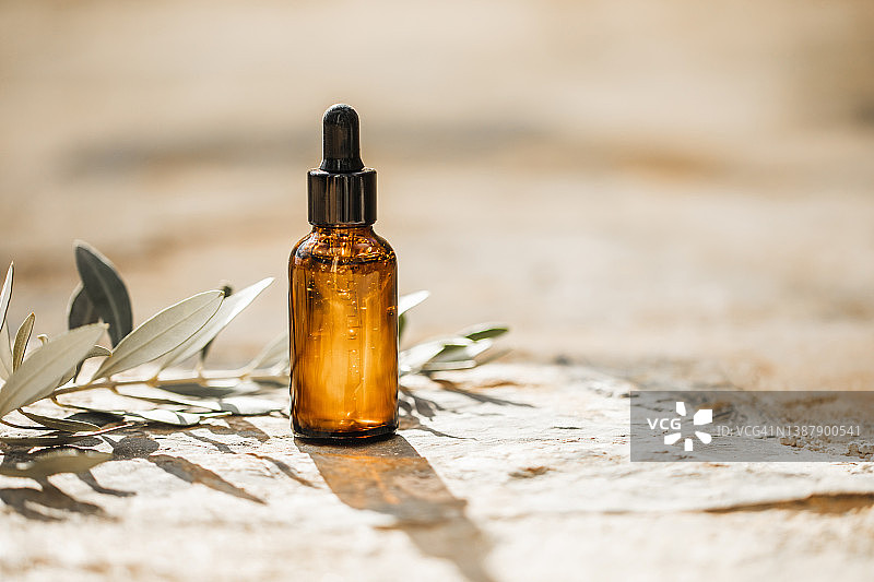 含橄榄枝的化妆品精华液或精油瓶图片素材