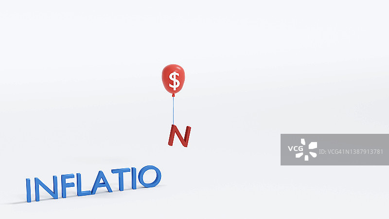 3D渲染：金融通货膨胀概念，“INFLATION”文字，红色气球托起“N”图片素材