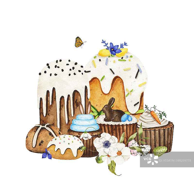 白色背景上的水彩复活节蛋糕、纸杯蛋糕、花束组合插画：春季复活节图片素材