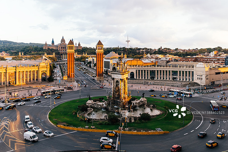 西班牙巴塞罗那西班牙广场日落航拍图片素材