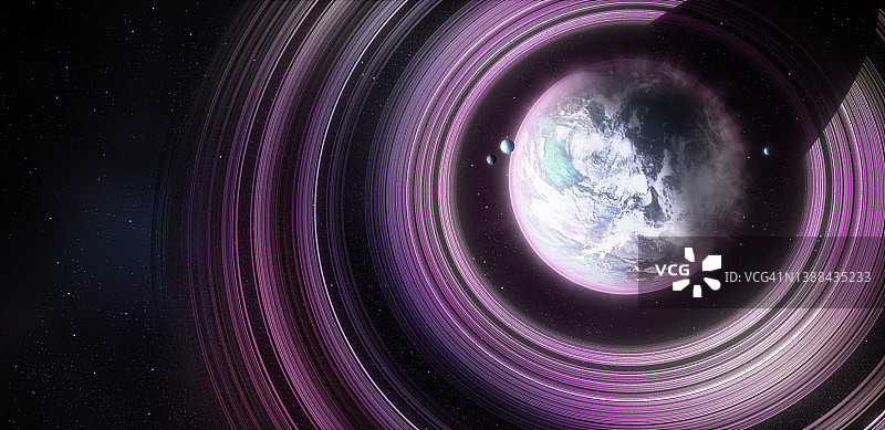 带有环和小卫星的行星的数字绘画图片素材