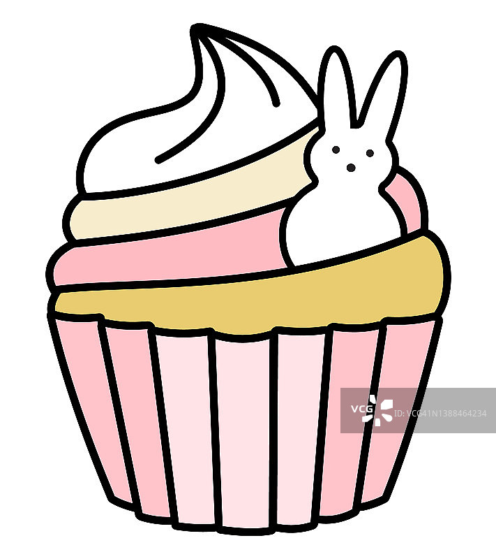 复活节粉色黄色奶油纸杯蛋糕矢量涂鸦插画，配有可爱小兔子糖，适用于贺卡、贴纸和邀请函图片素材