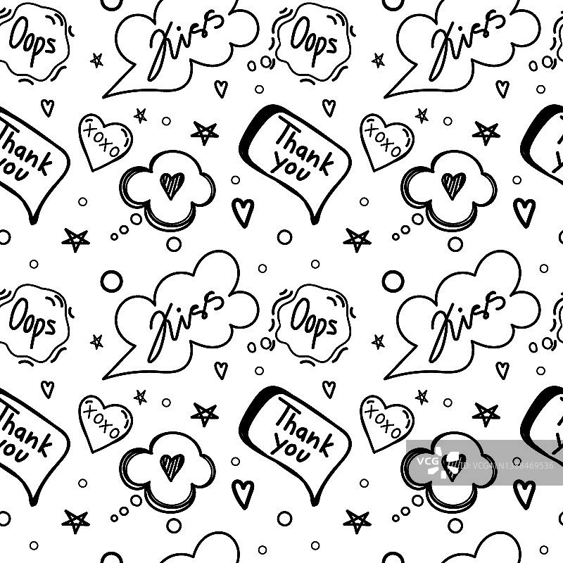 对话气泡无缝图案，手绘涂鸦风格元素：你好，爱，抱歉，吻，再见矢量图图片素材
