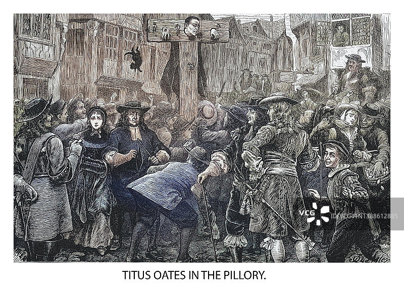 在颈手枷上的提图斯·奥茨古老雕刻插图图片素材