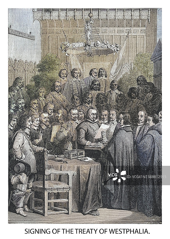 威斯特伐利亚和约签署现场古老雕刻插图图片素材