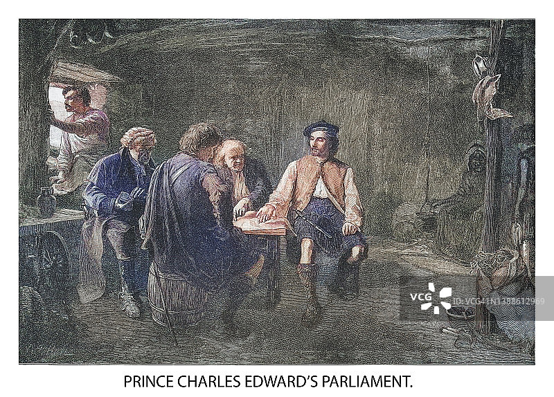 邦尼·查理·爱德华议会的老式雕刻插图。查理·爱德华·斯图亚特图片素材