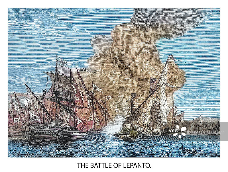 1571年10月7日发生的勒班陀战役海战老式雕刻插图图片素材