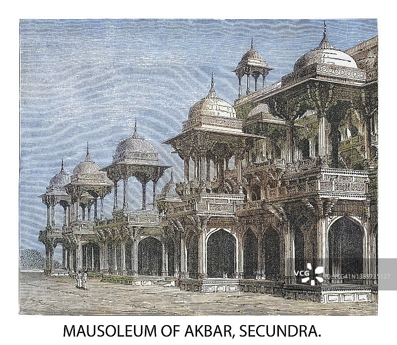 阿克巴皇帝陵墓古老雕刻插图，位于印度北方邦阿格拉市锡康德拉图片素材