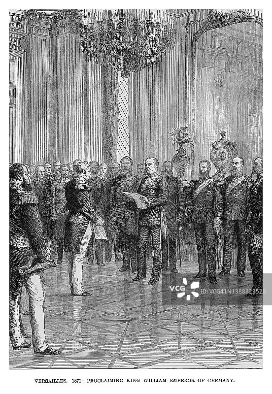 凡尔赛宫（1871年）：威廉国王宣告成为德意志皇帝老式彩石版画图片素材