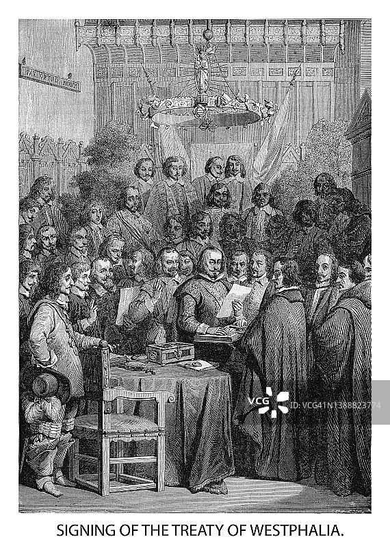 威斯特伐利亚和约签署现场古老雕刻插图图片素材