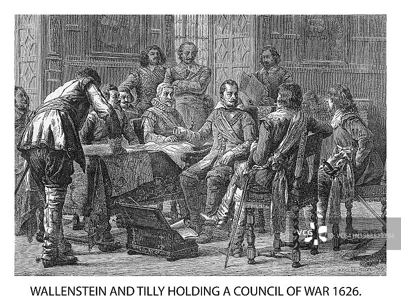 瓦伦斯坦和蒂利 holding council of war (1626) 古版画插图图片素材