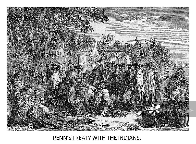 威廉·潘与印第安人条约复古版画（沙卡马逊的潘氏条约）图片素材