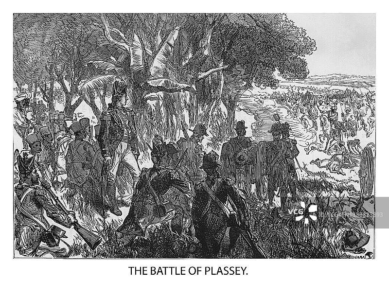 普拉西战役古老雕刻插图（1757年6月23日）图片素材