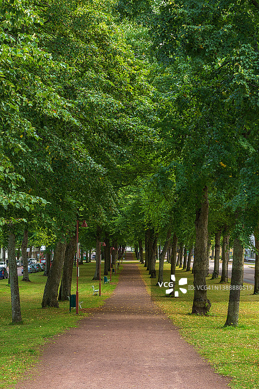 芬兰奥兰群岛玛丽港，阳光明媚的秋日，菩提树小路和巷子图片素材