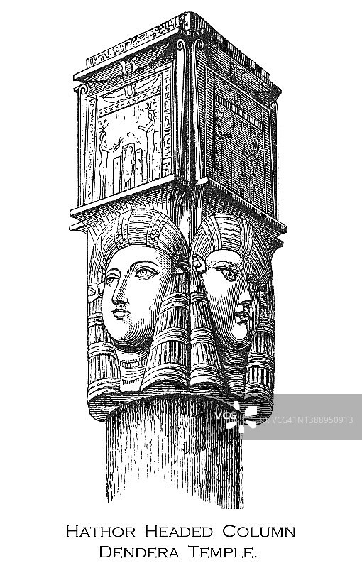 丹德拉神庙中哈托尔头像柱的古老雕刻插图图片素材