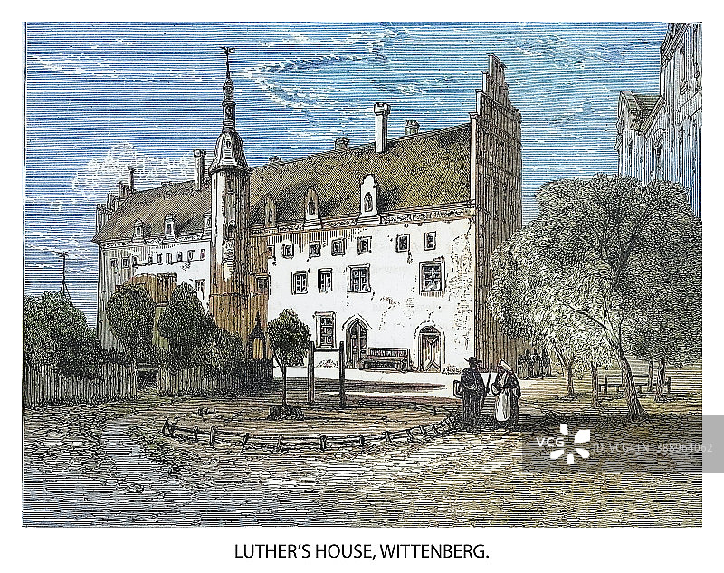 德国维滕贝格路德房屋的古老雕刻插图图片素材