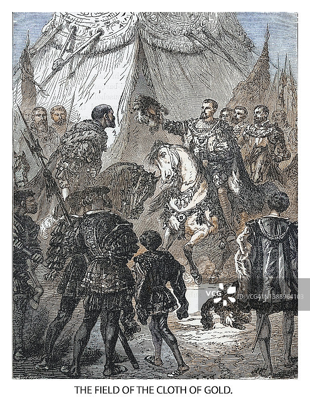 英格兰国王亨利八世与法国国王弗朗西斯一世峰会复古雕刻插图图片素材