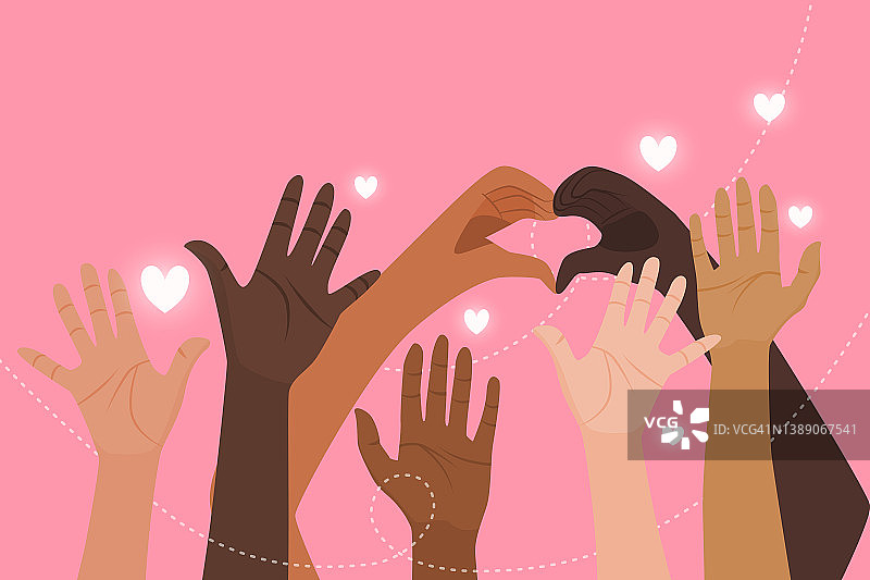 粉色背景上举手的人们插画概念图片素材