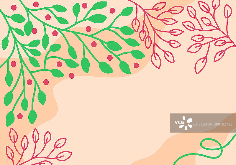 具有斑点、树枝、树叶和浆果的抽象横向现代背景图片素材