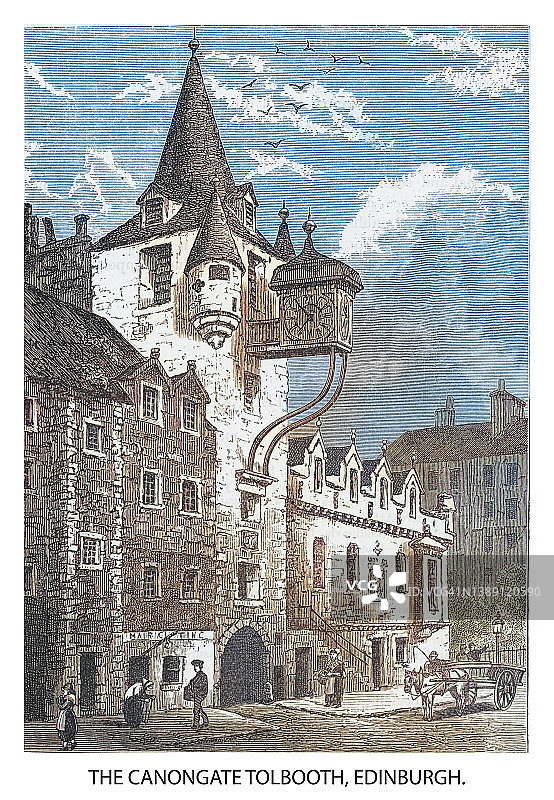 苏格兰首都爱丁堡的卡农盖特收费所古老雕刻插图图片素材