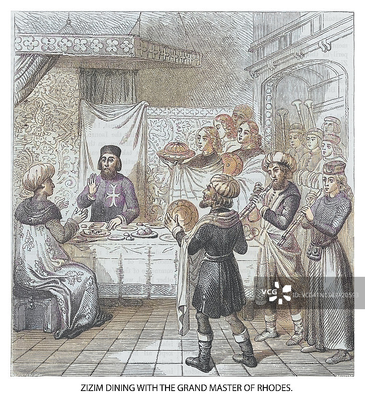 1890年与罗德岛大师共进晚餐的齐齐姆古老雕刻插图图片素材