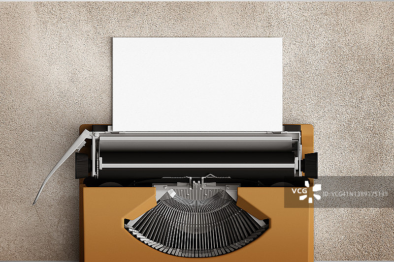 70年代打字机俯视图，带空白纸张（灰色背景）图片素材