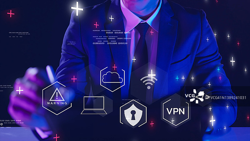 商人和安全支付保护、VPN虚拟专用网络、网络安全互联网隐私技术计算机网络犯罪诈骗病毒攻击防护、身份隐私数据黑客攻击杀毒盾牌图片素材
