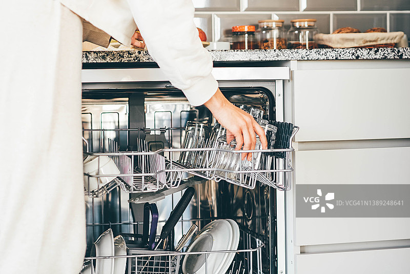 女人将餐具放入洗碗机图片素材