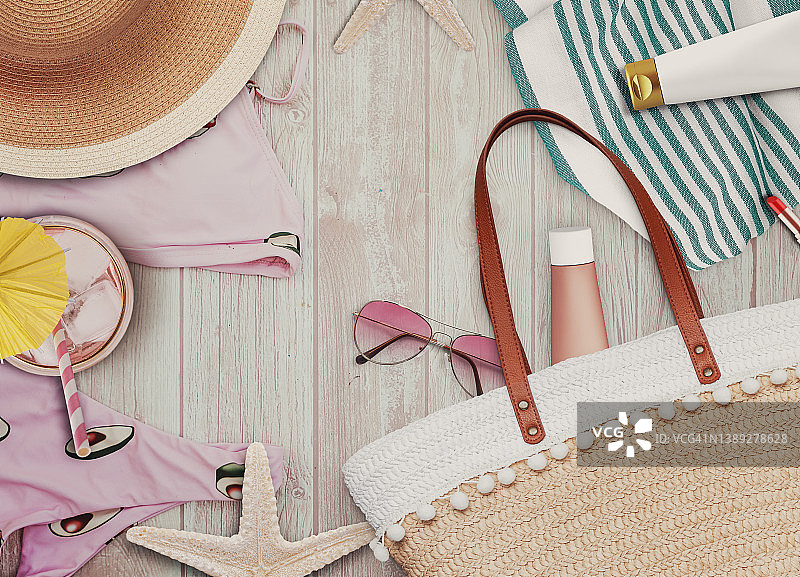 时尚女性风的桌面静物摆拍：耳机、夏季用品和美妆产品图片素材