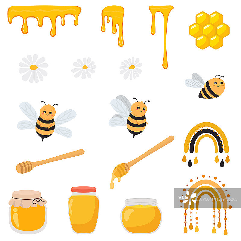 蜜蜂、蜂蜜元素合集，卡通矢量插画图片素材