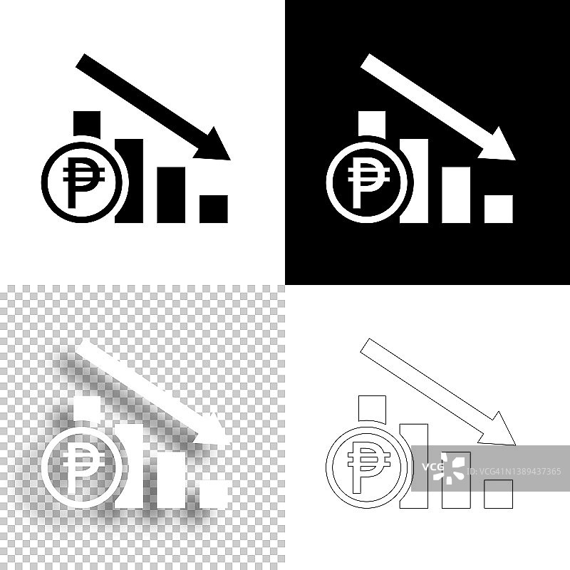 比索汇率下降图表。图标设计。空白，白色和黑色背景-线图标图片素材