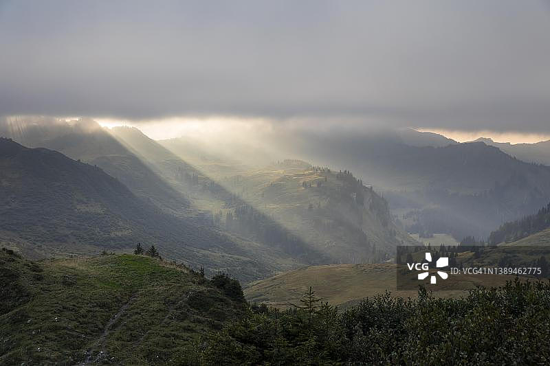奥地利达姆尔斯波特拉科普夫秋日傍晚的高山谷地雾景图片素材