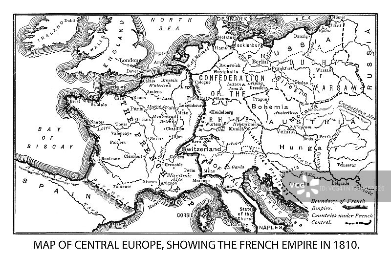 中欧旧地图，显示1810年的法兰西帝国图片素材
