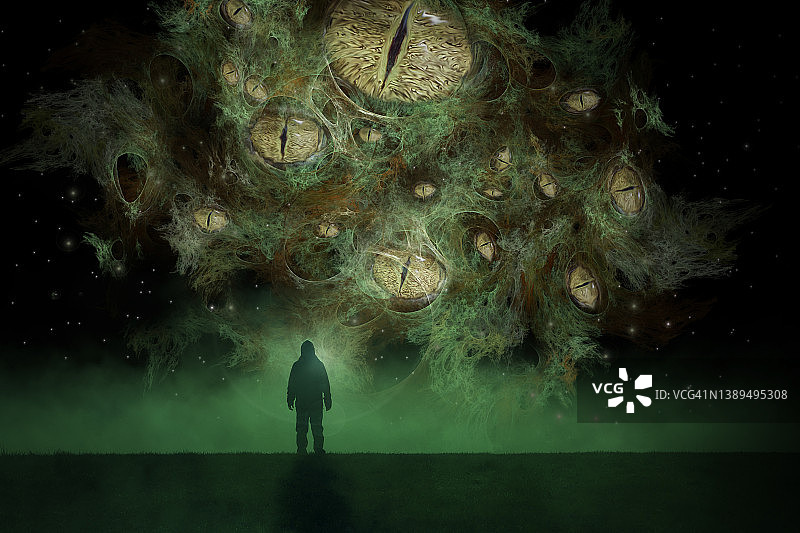 宇宙恐怖概念：夜晚，一个长着许多眼睛的外星怪物漂浮在一个人影上方图片素材