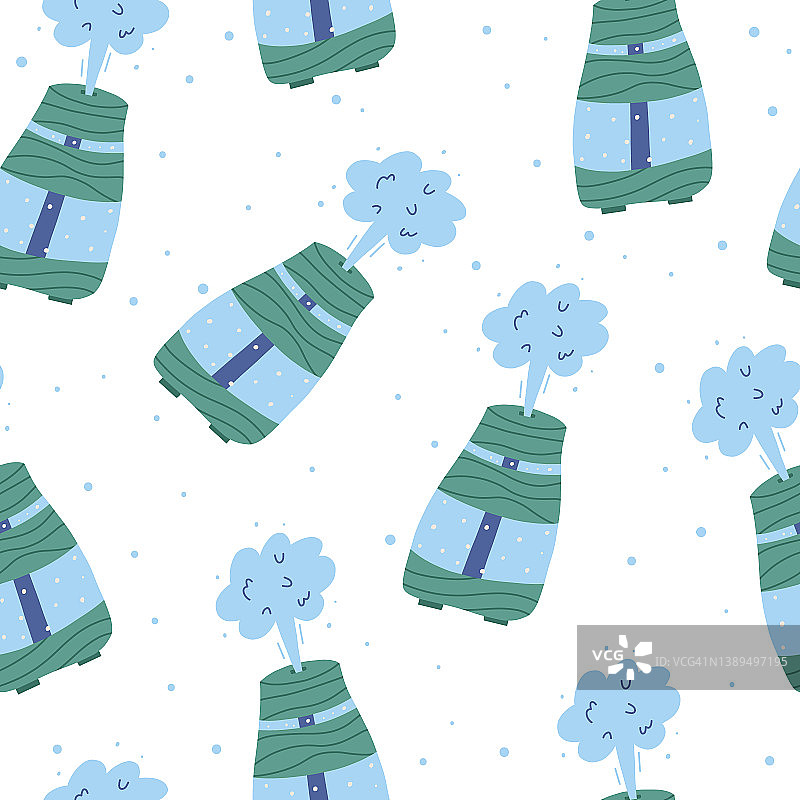 卡通空气加湿器无缝图案，白色背景扁平矢量插画图片素材