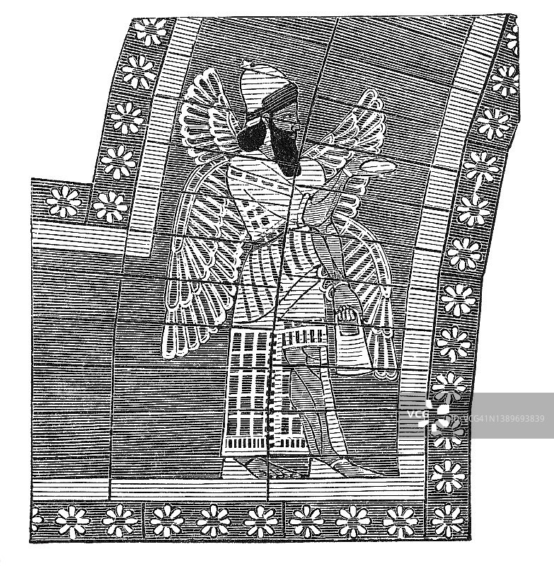 古代巴比伦和亚述艺术：带翼天才的亚述墙壁浮雕，古代雕刻面板图片素材