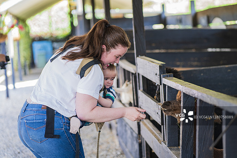 拉丁裔母亲和她1岁的金发宝宝在植物环绕的美丽餐厅中共度母子时光图片素材