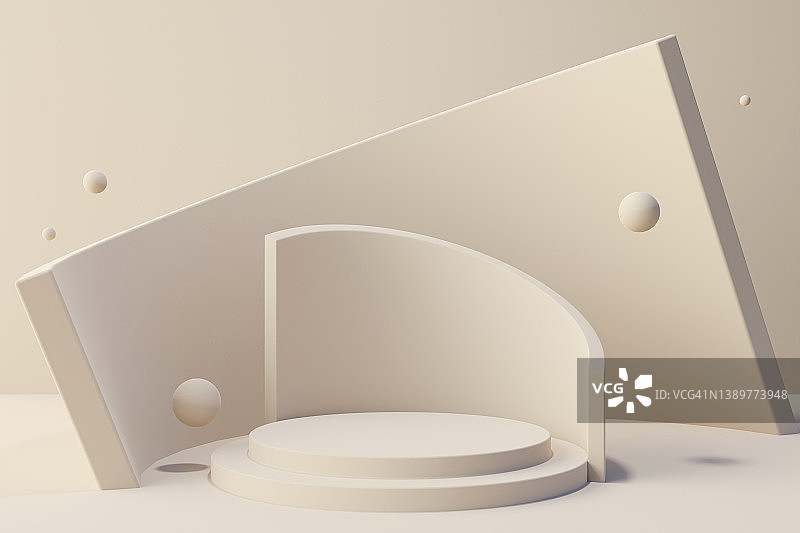 具有许多装饰性飞行球体的抽象未来主义米色领奖台，美容产品展示平台三维插图图片素材